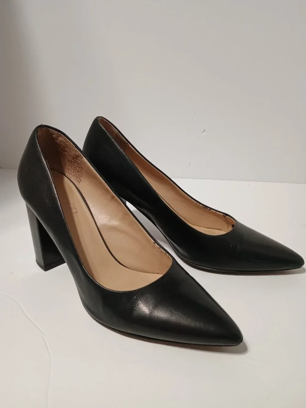 Franco Sarto Black Leather Pointed Toe Block Heel Pumps Women's US 9.5M Classic
